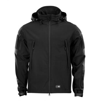 Soft shell jacket black color front view for outdoor use
