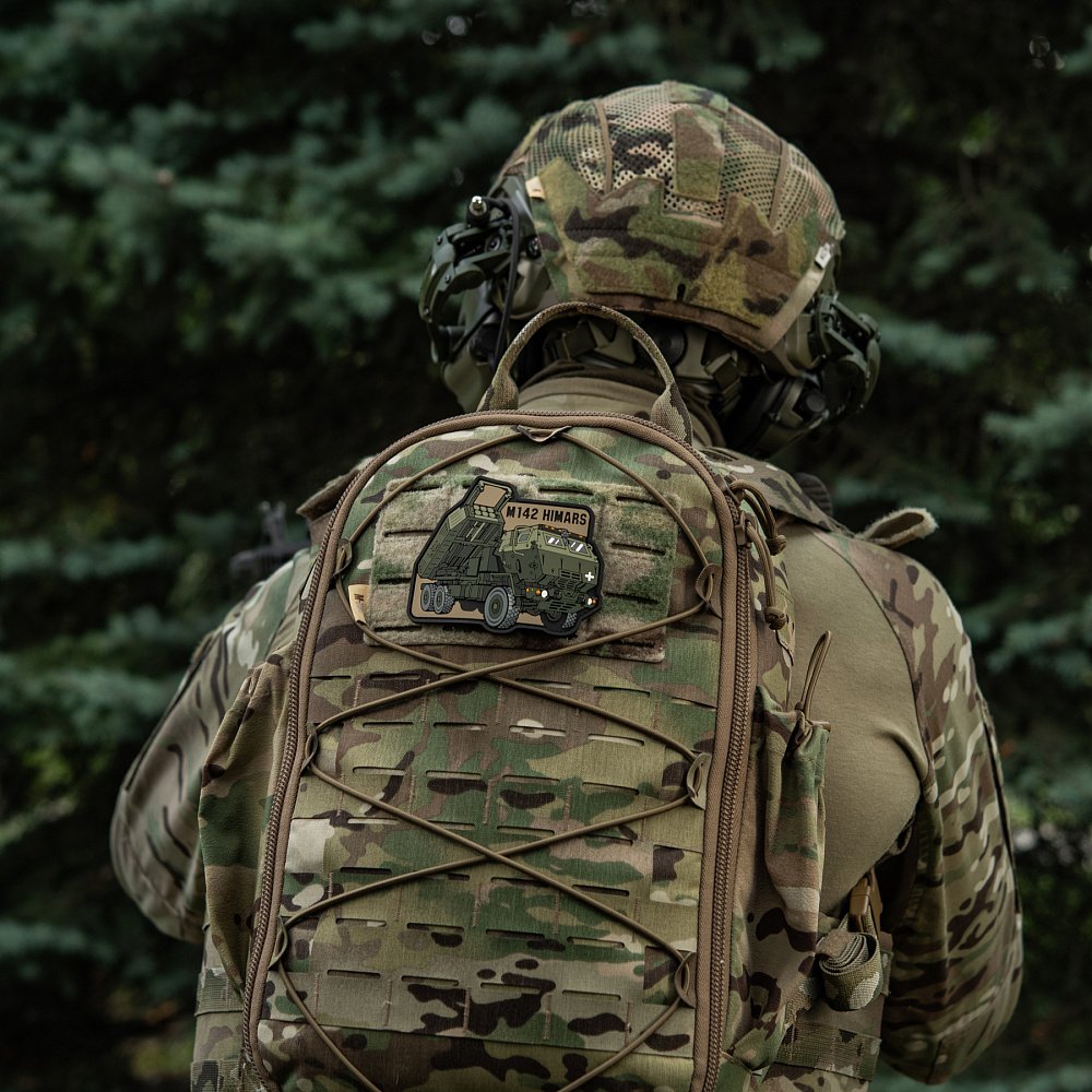 himars-patch-backpack-general-view HIMARS PVC patch mounted on tactical backpack Velcro panel outdoors