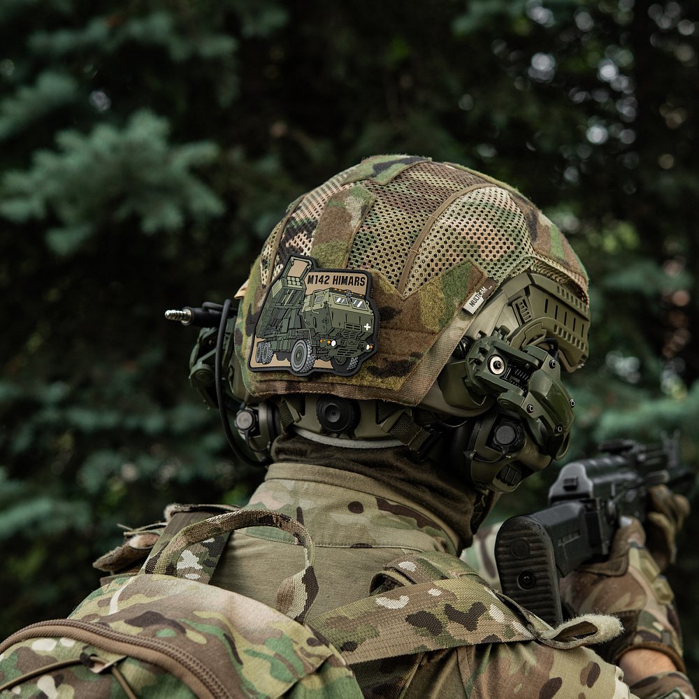 himars-patch-helmet-close-up HIMARS PVC patch attached to helmet Velcro panel outdoor setup