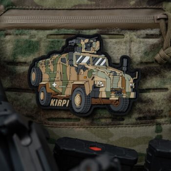 Kirpi PVC patch mounted on plate carrier Velcro panel outdoors