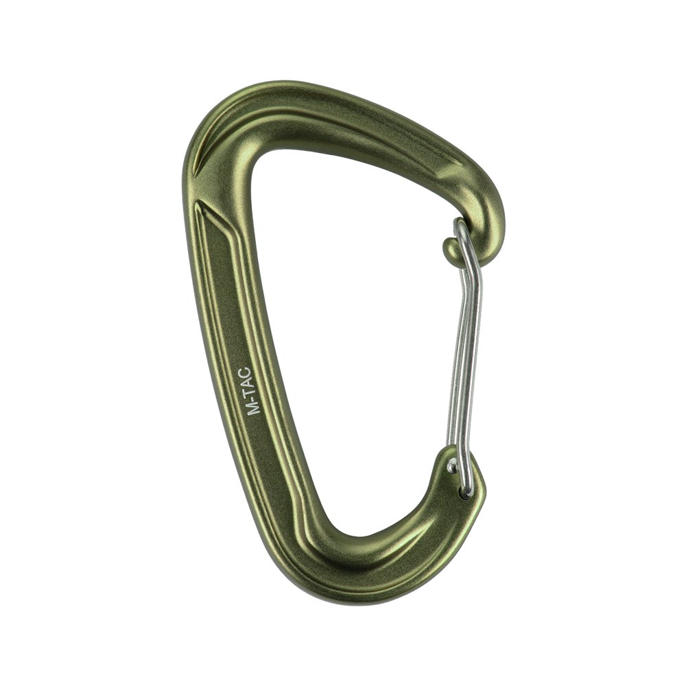 outdoor-carabiner-type-3-army-green-lifestyle Army green carabiner in outdoor setup with backpack and camping gear