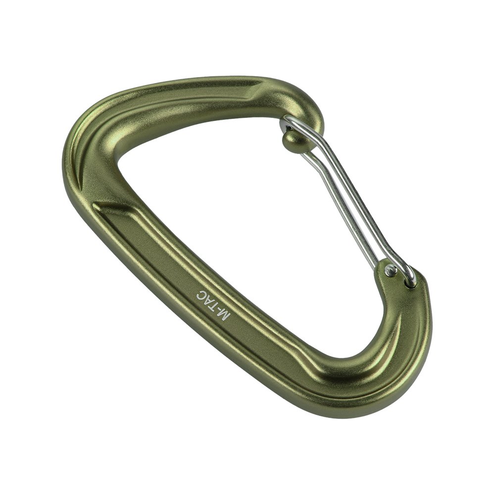 outdoor-carabiner-type-3-army-green-side Side view of army green aluminum outdoor carabiner for gear organization