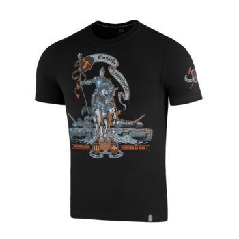 Side view of Steel Knight military graphic T-shirt