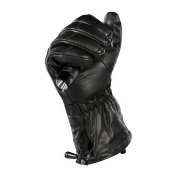 Winter leather tactical gloves providing secure grip holding flashlight